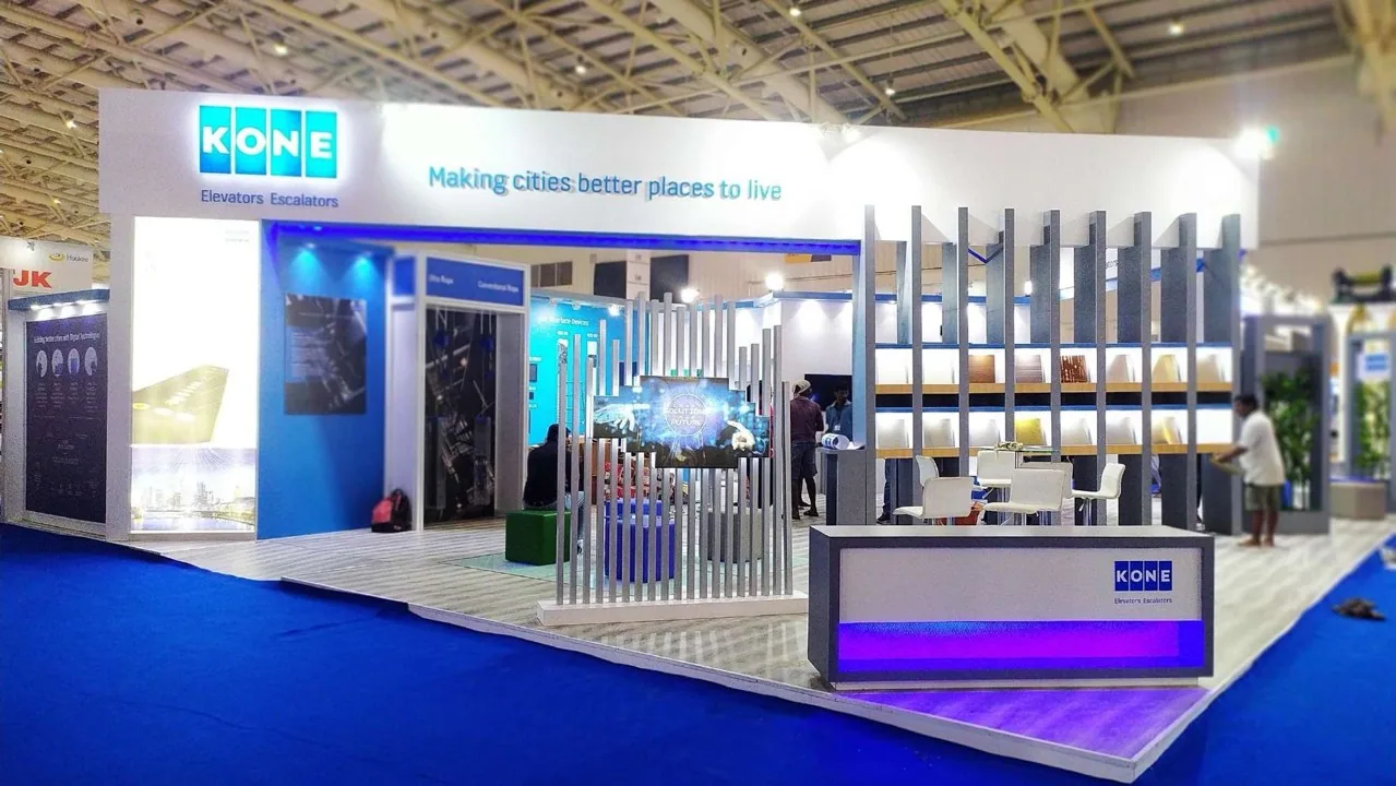 KONE display with open display bays and a meeting area