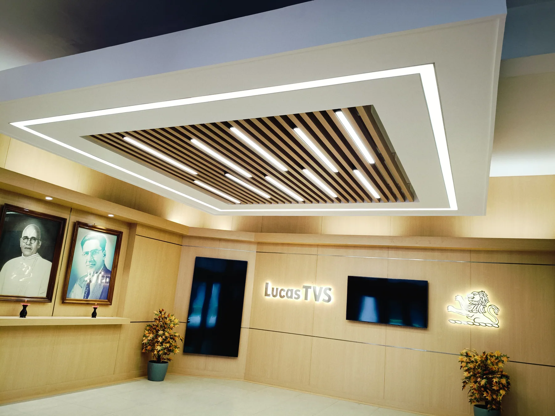 Angled view of the lobby feature wall and slatted ceiling